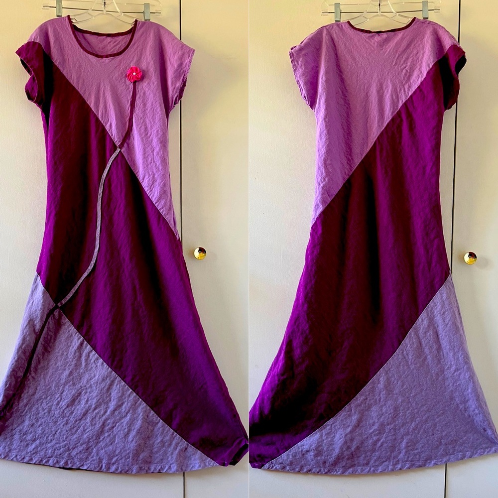 Linen Dress Handmade Flower Applique Asymmetric Hem Maxi A-Line Purple OOAK M-L